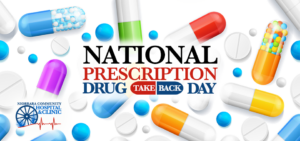 National Prescription Drug Take Back Day Graphic with pills in the background